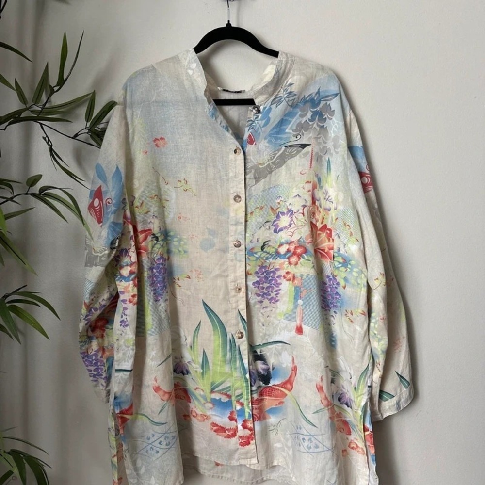 CITRON Santa Monica Koi Fish Butterfly Floral Blossom 100% Linen Top 1X (56") 2X
